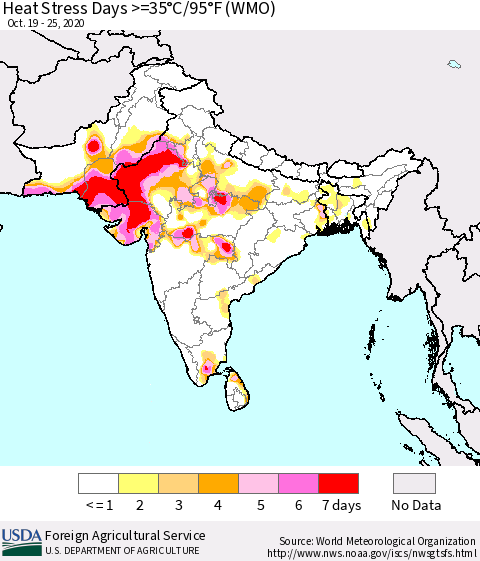 Southern Asia Heat Stress Days >=35°C/95°F (WMO) Thematic Map For 10/19/2020 - 10/25/2020