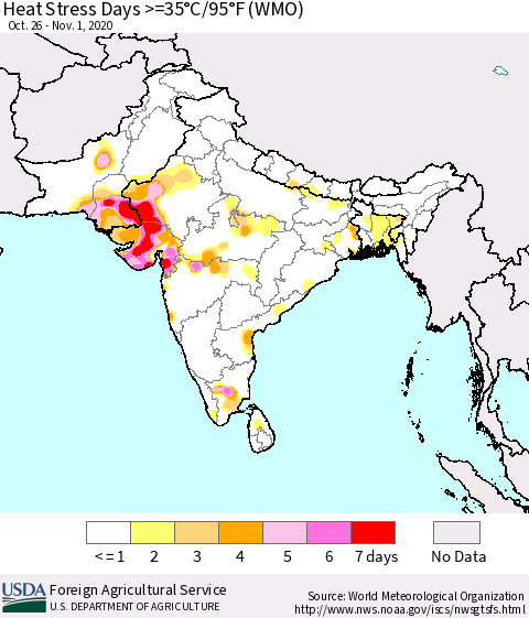Southern Asia Heat Stress Days >=35°C/95°F (WMO) Thematic Map For 10/26/2020 - 11/1/2020