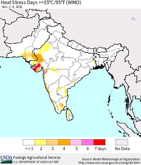 Southern Asia Heat Stress Days >=35°C/95°F (WMO) Thematic Map For 11/2/2020 - 11/8/2020