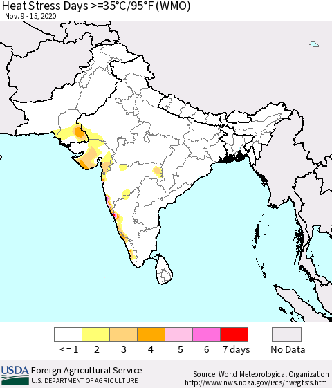 Southern Asia Heat Stress Days >=35°C/95°F (WMO) Thematic Map For 11/9/2020 - 11/15/2020