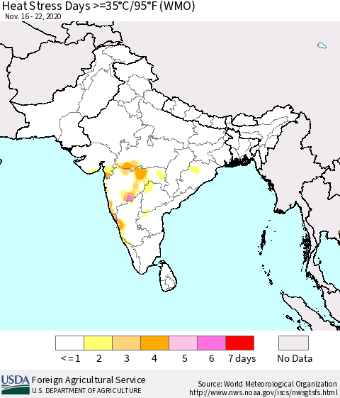 Southern Asia Heat Stress Days >=35°C/95°F (WMO) Thematic Map For 11/16/2020 - 11/22/2020