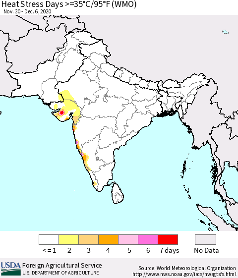 Southern Asia Heat Stress Days >=35°C/95°F (WMO) Thematic Map For 11/30/2020 - 12/6/2020