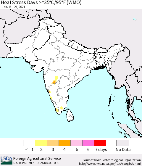 Southern Asia Heat Stress Days >=35°C/95°F (WMO) Thematic Map For 1/18/2021 - 1/24/2021