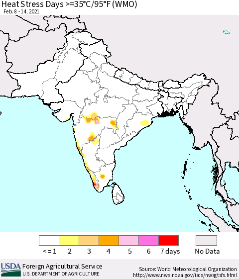 Southern Asia Heat Stress Days >=35°C/95°F (WMO) Thematic Map For 2/8/2021 - 2/14/2021