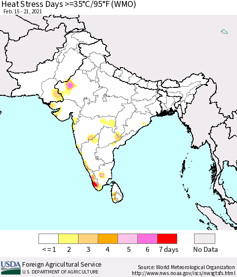 Southern Asia Heat Stress Days >=35°C/95°F (WMO) Thematic Map For 2/15/2021 - 2/21/2021