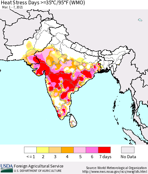Southern Asia Heat Stress Days >=35°C/95°F (WMO) Thematic Map For 3/1/2021 - 3/7/2021
