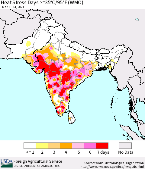 Southern Asia Heat Stress Days >=35°C/95°F (WMO) Thematic Map For 3/8/2021 - 3/14/2021