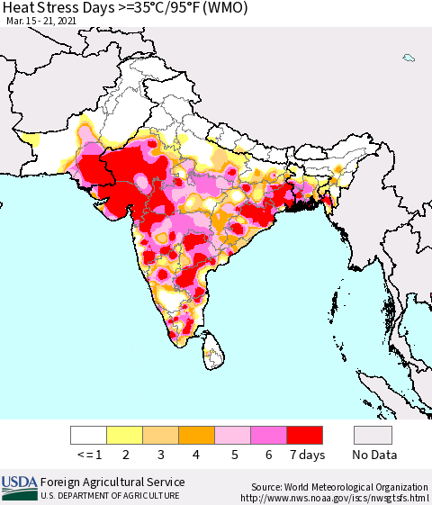 Southern Asia Heat Stress Days >=35°C/95°F (WMO) Thematic Map For 3/15/2021 - 3/21/2021