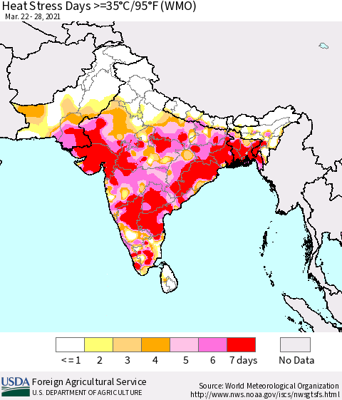 Southern Asia Heat Stress Days >=35°C/95°F (WMO) Thematic Map For 3/22/2021 - 3/28/2021