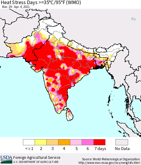 Southern Asia Heat Stress Days >=35°C/95°F (WMO) Thematic Map For 3/29/2021 - 4/4/2021