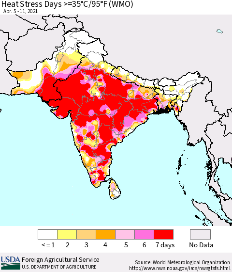 Southern Asia Heat Stress Days >=35°C/95°F (WMO) Thematic Map For 4/5/2021 - 4/11/2021