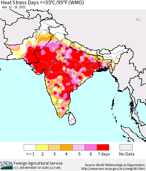 Southern Asia Heat Stress Days >=35°C/95°F (WMO) Thematic Map For 4/12/2021 - 4/18/2021