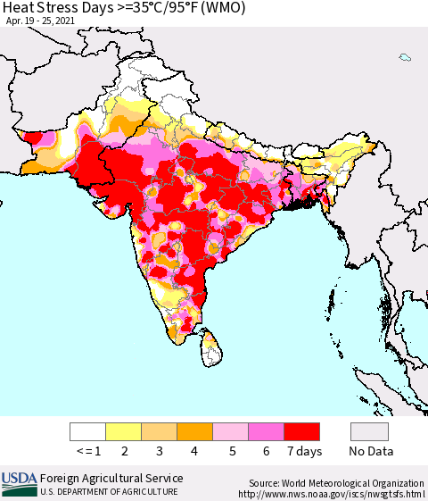 Southern Asia Heat Stress Days >=35°C/95°F (WMO) Thematic Map For 4/19/2021 - 4/25/2021
