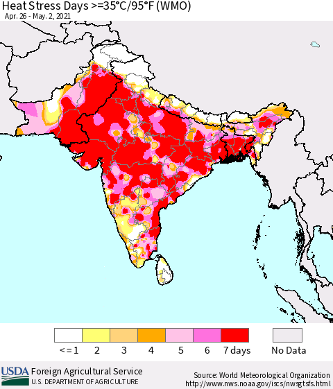 Southern Asia Heat Stress Days >=35°C/95°F (WMO) Thematic Map For 4/26/2021 - 5/2/2021