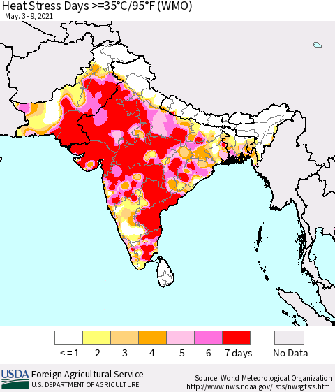Southern Asia Heat Stress Days >=35°C/95°F (WMO) Thematic Map For 5/3/2021 - 5/9/2021