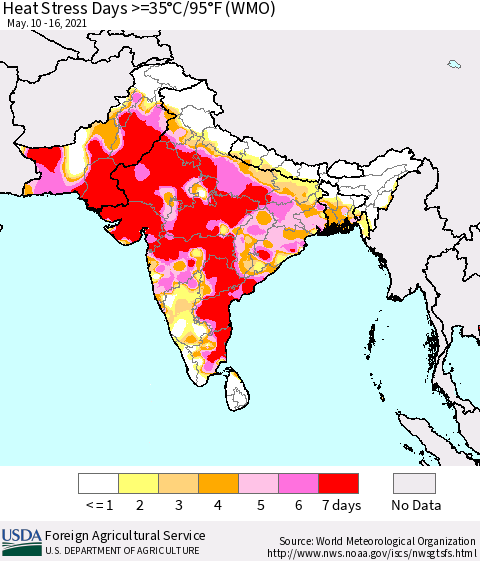 Southern Asia Heat Stress Days >=35°C/95°F (WMO) Thematic Map For 5/10/2021 - 5/16/2021
