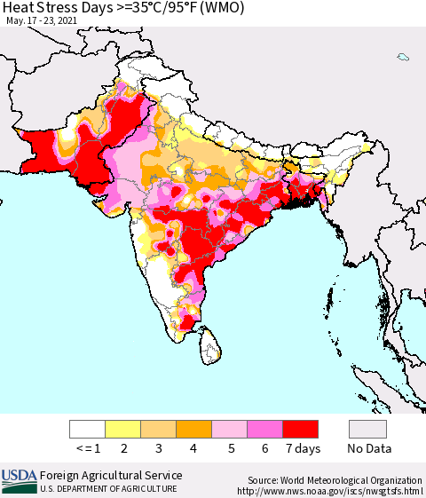 Southern Asia Heat Stress Days >=35°C/95°F (WMO) Thematic Map For 5/17/2021 - 5/23/2021