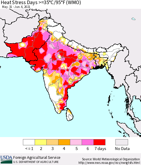 Southern Asia Heat Stress Days >=35°C/95°F (WMO) Thematic Map For 5/31/2021 - 6/6/2021