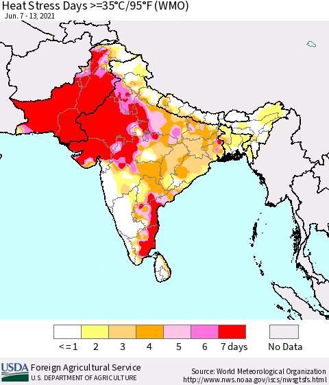 Southern Asia Heat Stress Days >=35°C/95°F (WMO) Thematic Map For 6/7/2021 - 6/13/2021