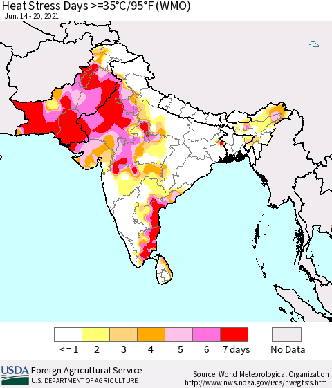 Southern Asia Heat Stress Days >=35°C/95°F (WMO) Thematic Map For 6/14/2021 - 6/20/2021