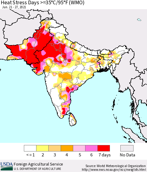 Southern Asia Heat Stress Days >=35°C/95°F (WMO) Thematic Map For 6/21/2021 - 6/27/2021