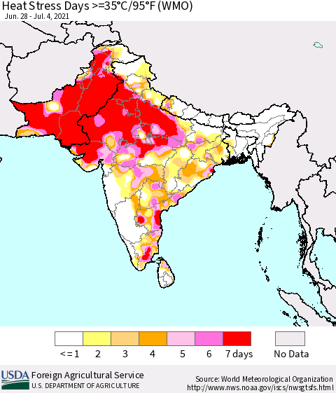 Southern Asia Heat Stress Days >=35°C/95°F (WMO) Thematic Map For 6/28/2021 - 7/4/2021