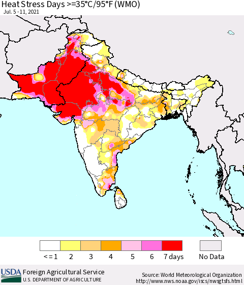 Southern Asia Heat Stress Days >=35°C/95°F (WMO) Thematic Map For 7/5/2021 - 7/11/2021