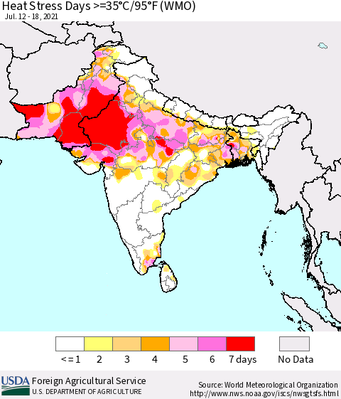 Southern Asia Heat Stress Days >=35°C/95°F (WMO) Thematic Map For 7/12/2021 - 7/18/2021