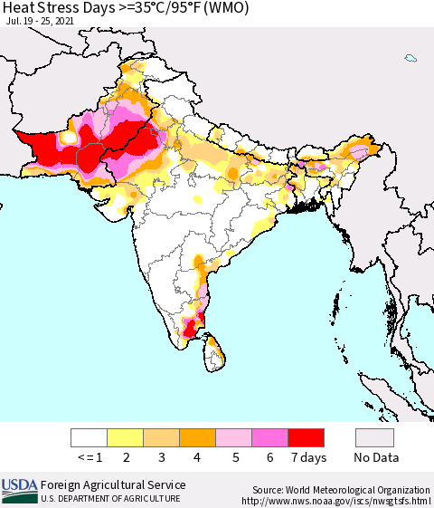 Southern Asia Heat Stress Days >=35°C/95°F (WMO) Thematic Map For 7/19/2021 - 7/25/2021