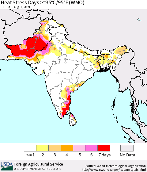 Southern Asia Heat Stress Days >=35°C/95°F (WMO) Thematic Map For 7/26/2021 - 8/1/2021