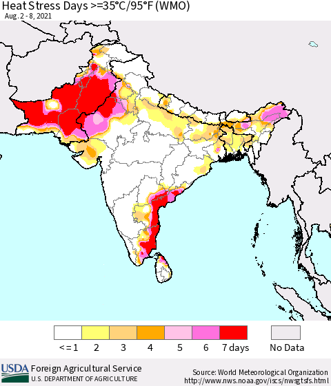 Southern Asia Heat Stress Days >=35°C/95°F (WMO) Thematic Map For 8/2/2021 - 8/8/2021