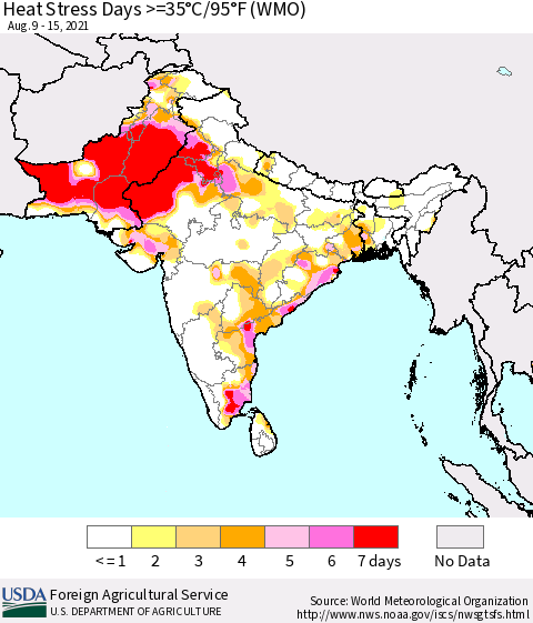 Southern Asia Heat Stress Days >=35°C/95°F (WMO) Thematic Map For 8/9/2021 - 8/15/2021
