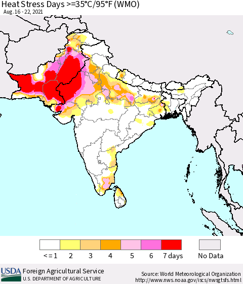 Southern Asia Heat Stress Days >=35°C/95°F (WMO) Thematic Map For 8/16/2021 - 8/22/2021
