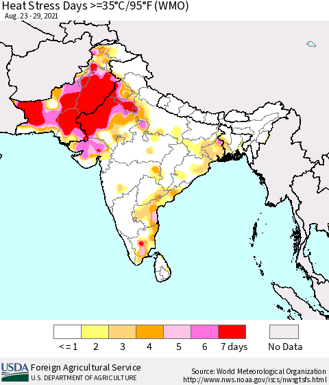 Southern Asia Heat Stress Days >=35°C/95°F (WMO) Thematic Map For 8/23/2021 - 8/29/2021