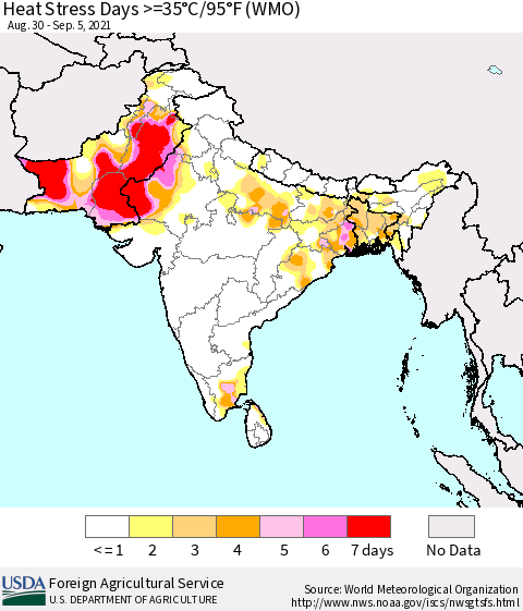 Southern Asia Heat Stress Days >=35°C/95°F (WMO) Thematic Map For 8/30/2021 - 9/5/2021