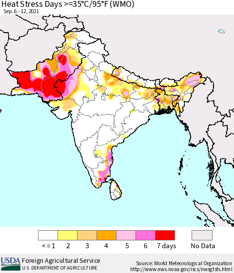 Southern Asia Heat Stress Days >=35°C/95°F (WMO) Thematic Map For 9/6/2021 - 9/12/2021
