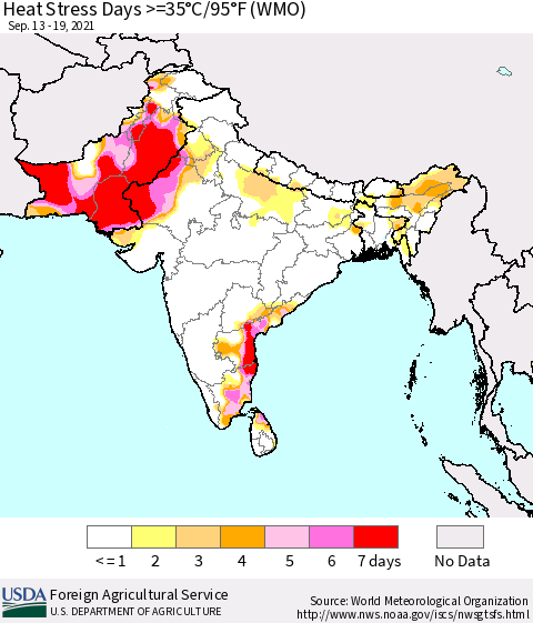 Southern Asia Heat Stress Days >=35°C/95°F (WMO) Thematic Map For 9/13/2021 - 9/19/2021