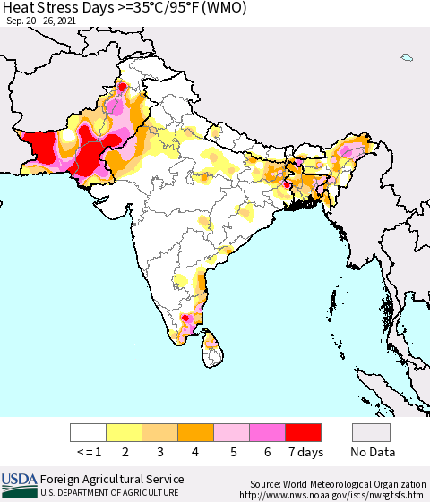 Southern Asia Heat Stress Days >=35°C/95°F (WMO) Thematic Map For 9/20/2021 - 9/26/2021