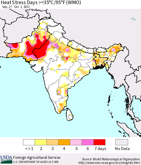 Southern Asia Heat Stress Days >=35°C/95°F (WMO) Thematic Map For 9/27/2021 - 10/3/2021
