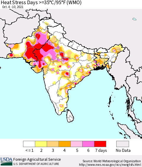 Southern Asia Heat Stress Days >=35°C/95°F (WMO) Thematic Map For 10/4/2021 - 10/10/2021
