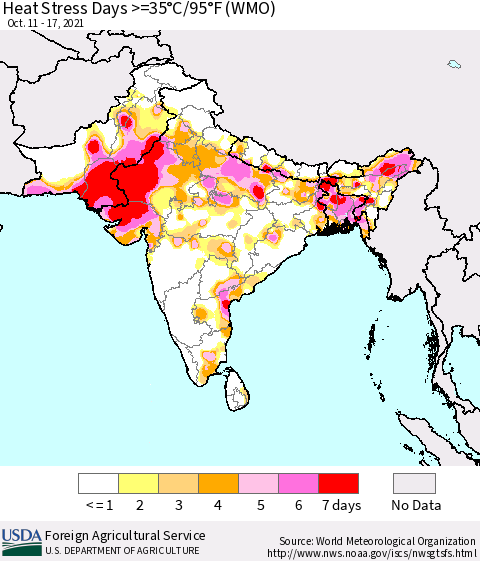 Southern Asia Heat Stress Days >=35°C/95°F (WMO) Thematic Map For 10/11/2021 - 10/17/2021