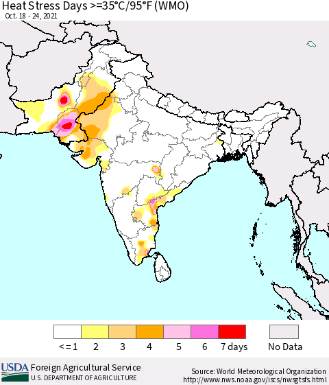 Southern Asia Heat Stress Days >=35°C/95°F (WMO) Thematic Map For 10/18/2021 - 10/24/2021