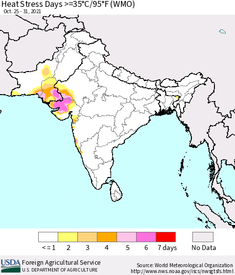 Southern Asia Heat Stress Days >=35°C/95°F (WMO) Thematic Map For 10/25/2021 - 10/31/2021