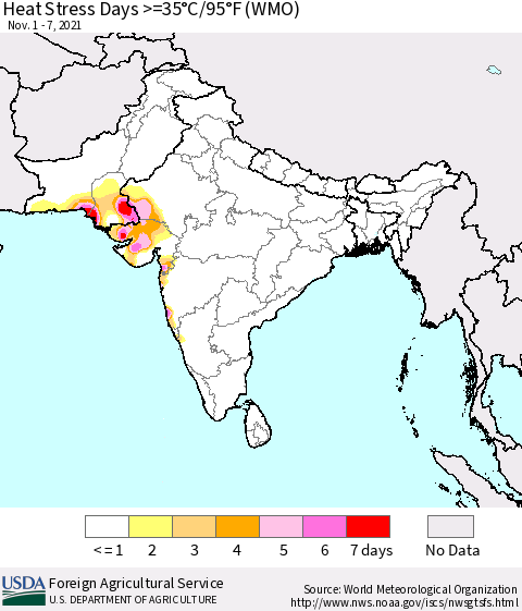 Southern Asia Heat Stress Days >=35°C/95°F (WMO) Thematic Map For 11/1/2021 - 11/7/2021