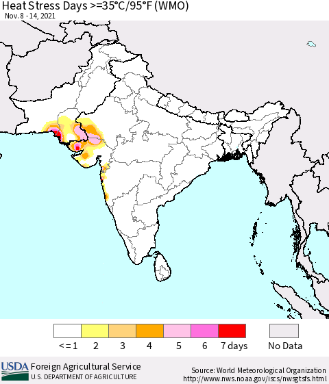 Southern Asia Heat Stress Days >=35°C/95°F (WMO) Thematic Map For 11/8/2021 - 11/14/2021