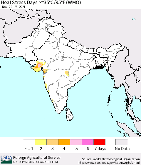 Southern Asia Heat Stress Days >=35°C/95°F (WMO) Thematic Map For 11/22/2021 - 11/28/2021