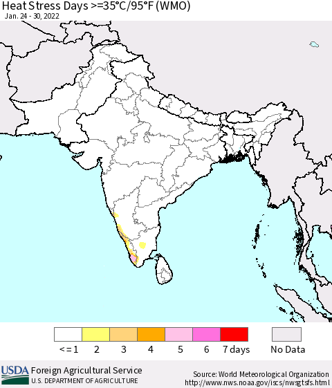 Southern Asia Heat Stress Days >=35°C/95°F (WMO) Thematic Map For 1/24/2022 - 1/30/2022
