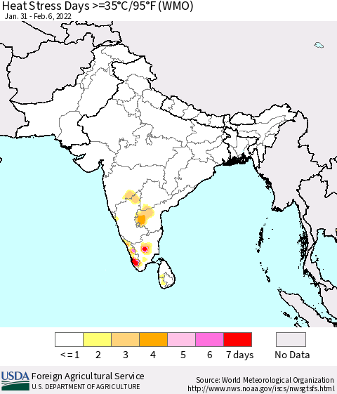 Southern Asia Heat Stress Days >=35°C/95°F (WMO) Thematic Map For 1/31/2022 - 2/6/2022