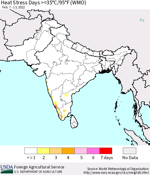 Southern Asia Heat Stress Days >=35°C/95°F (WMO) Thematic Map For 2/7/2022 - 2/13/2022