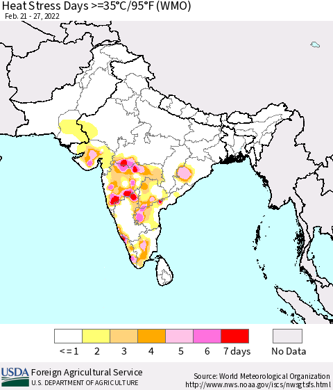 Southern Asia Heat Stress Days >=35°C/95°F (WMO) Thematic Map For 2/21/2022 - 2/27/2022
